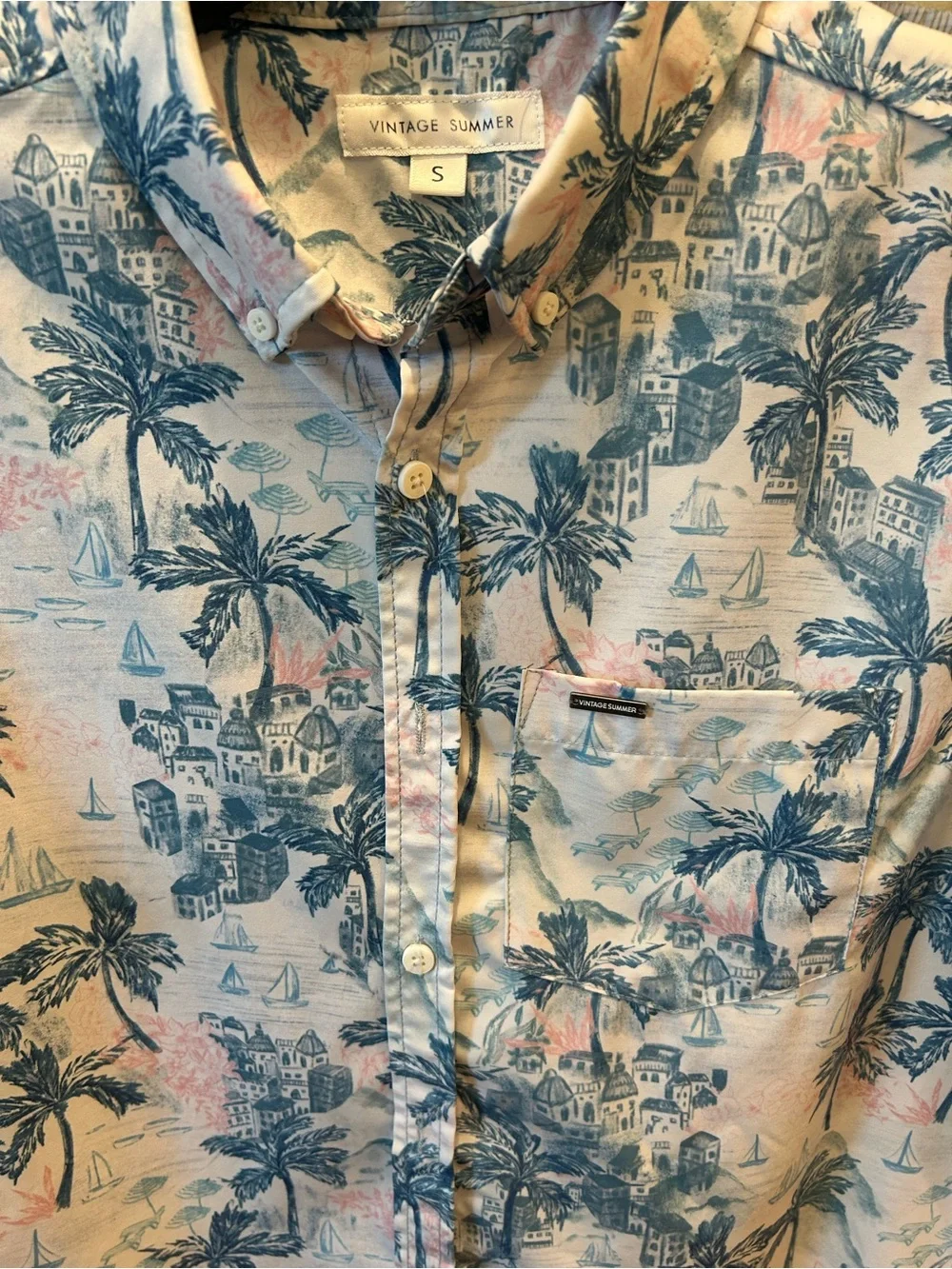 VINTAGE SUMMER Matching Cabana Set Palm Tree Swim Trunks & Button Up Shirt S